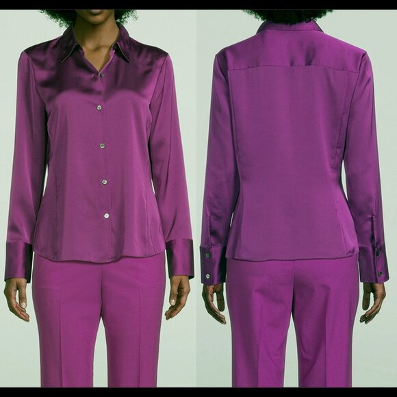 Theory Holt Renfrew Slim Satin Silk Shirt Wildflower Purple - long sleeve button - Picture 1 of 10